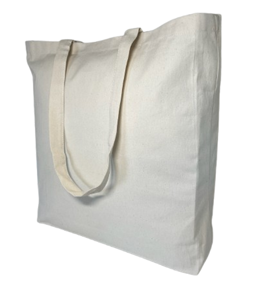 Stoffbeutel Qualited TBS 220g mit Boden und Seiten – schräg stehend, gefüllt, mit fallenden Henkeln