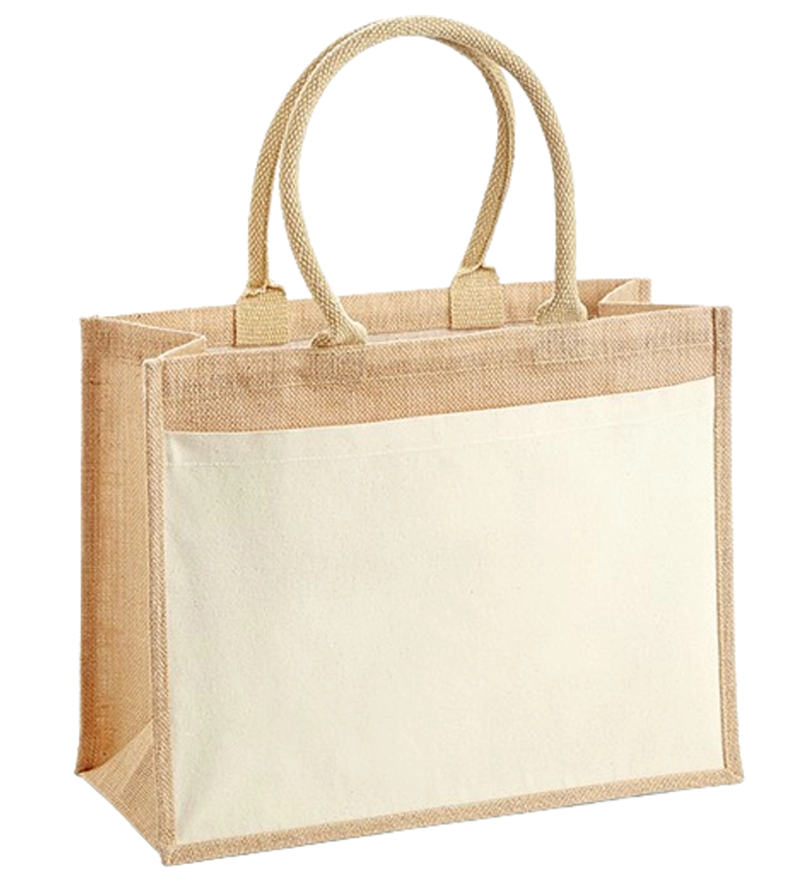 Jutebeutel Jute T11 Breit – 42x33x19 cm mit Außentasche aus Baumwolle und langen Baumwollhenkeln