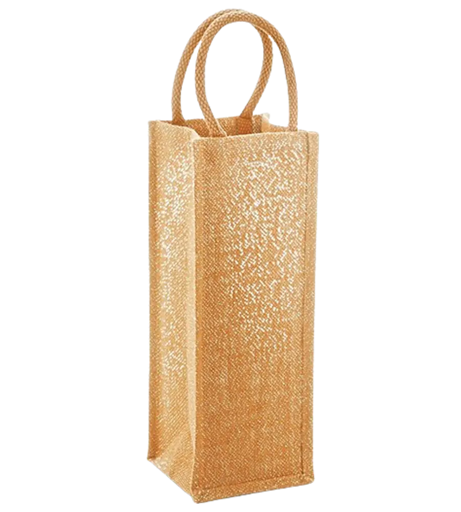 Jutebeutel Jute T12 Flaschentasche – 12x35x11 cm mit goldfarbenem Glanz und kurzen verstärkten Baumwollhenkeln