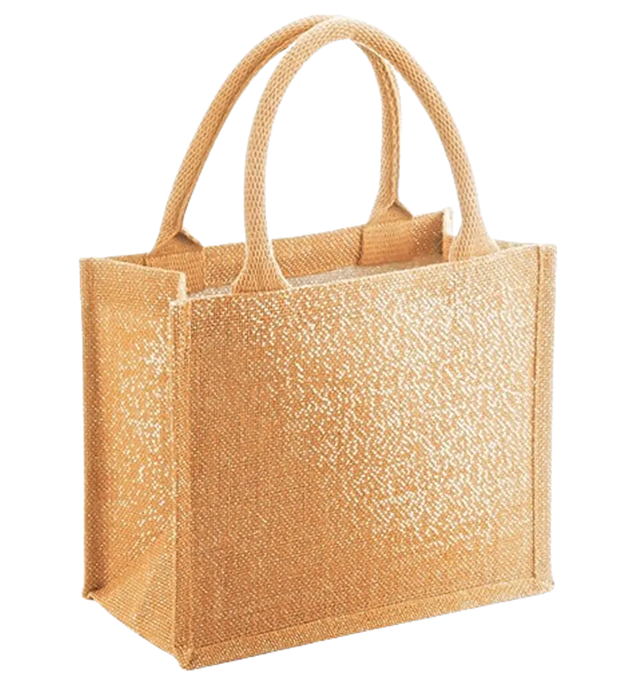 Jutebeutel Jute T13 Mini – kleine Jutetasche mit goldfarbenem Glanz und kurzen Baumwollhenkeln