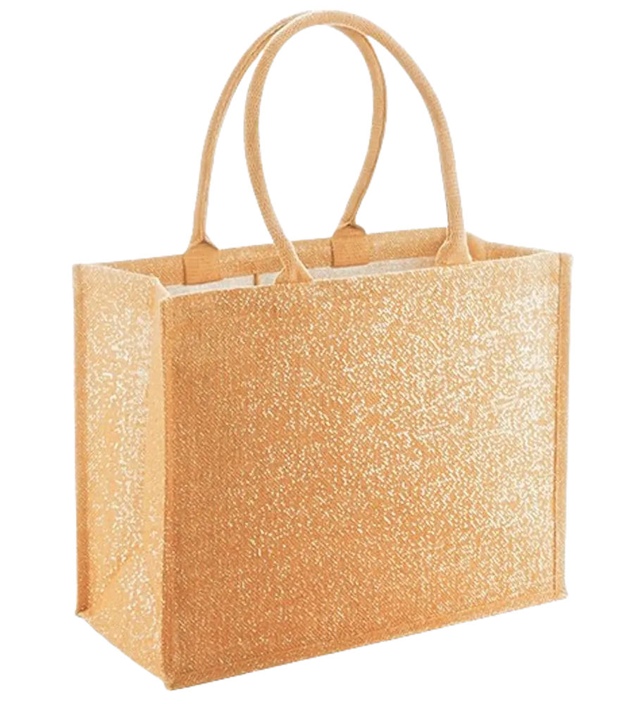 Jutebeutel Jute T14 Breit – 42x33x19 cm mit goldfarbenem Glanz und langen Baumwollhenkeln