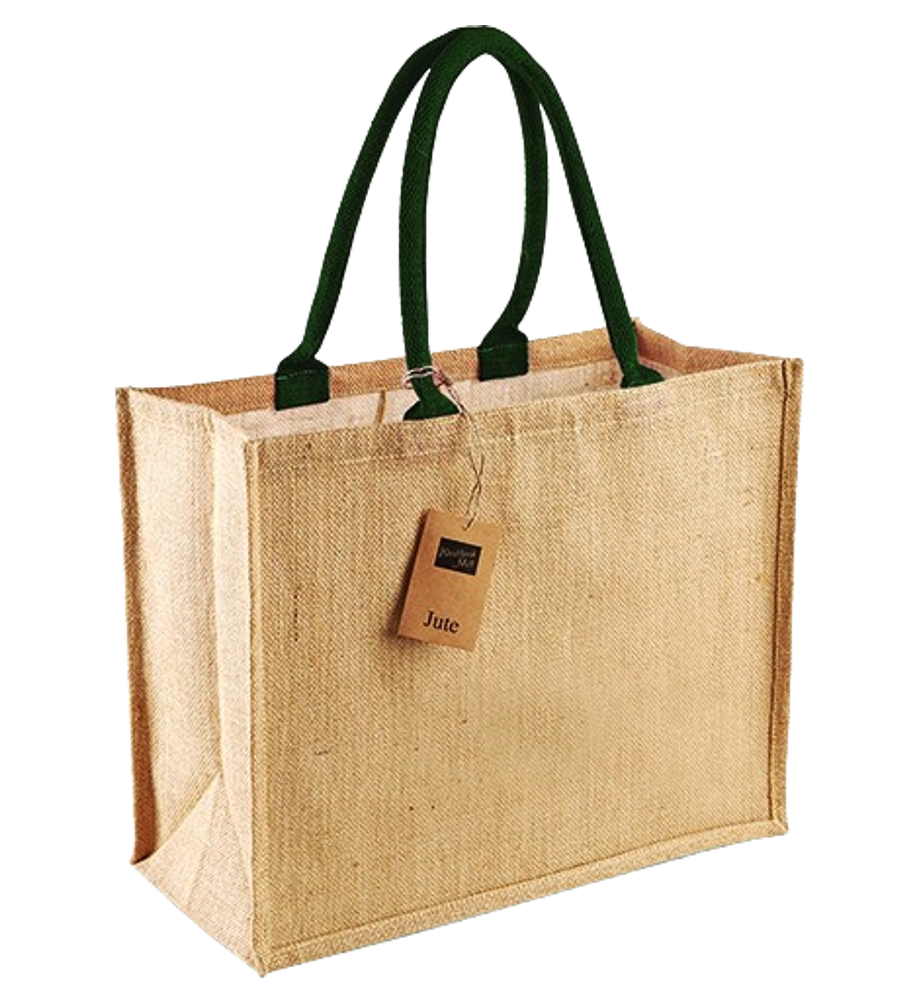 große Jutetasche Jutebeutel Jute T6 Breit – breiter Jute Shopper 42x33x19 cm mit langen dunkelgrünen Baumwollhenkeln